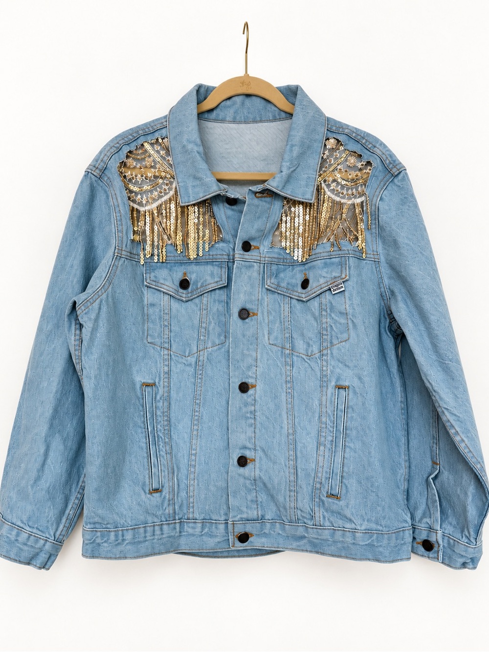 Dragon Denim Gold Sequin Fringe Embellished Denim Jacket Size L